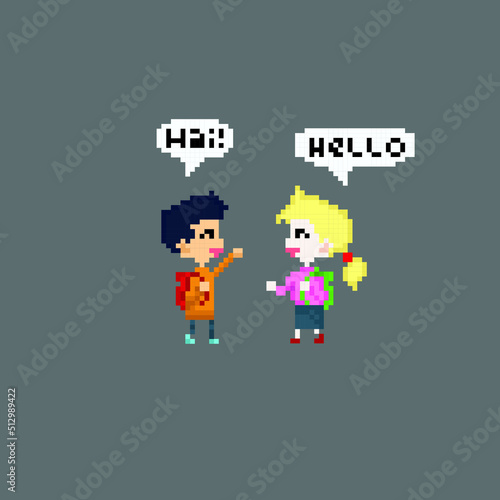 people greet each other in pixel art style