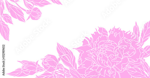 Vector set: floral corners in pink color. Peony flower, buds, leaves. Tender, romantic decorative elements for card, wedding invitation, poster with empty place for text.