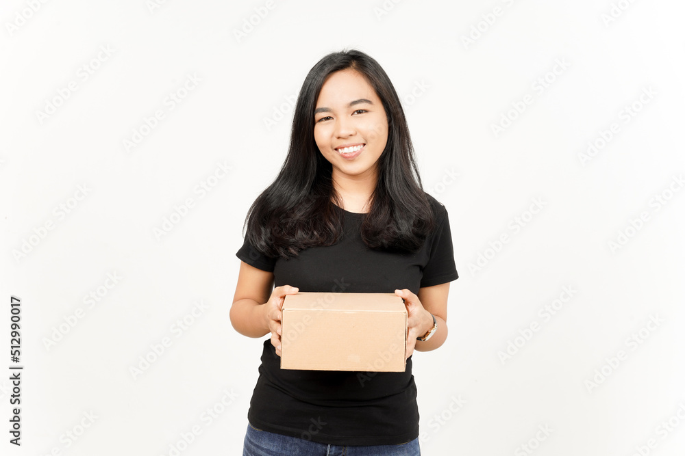 Holding Package Box or Cardboard Box and Give it To You of Beautiful Asian Woman Isolated On White Holding Package Box or Cardboard Box and Give it To You of Beautiful Asian Woman Isolated On White