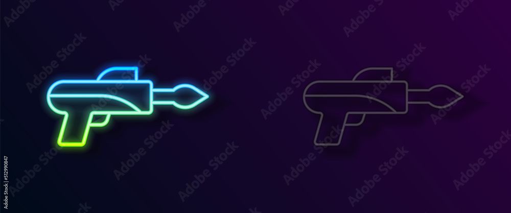 Glowing neon line Fishing harpoon icon isolated on black background. Fishery manufacturers for catching fish under water. Diving underwater equipment. Vector Glowing neon line Fishing harpoon icon isolated on black background. Fishery manufacturers for catching fish under water. Diving underwater equipment. Vector