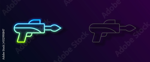 Glowing neon line Fishing harpoon icon isolated on black background. Fishery manufacturers for catching fish under water. Diving underwater equipment. Vector