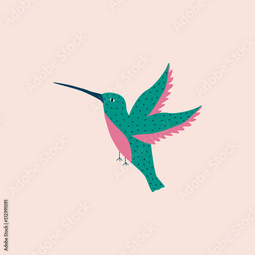 Green tiny hummingbird hand drawn vector illustration. Adorable tropical colibri bird in flat style for logo or icon.