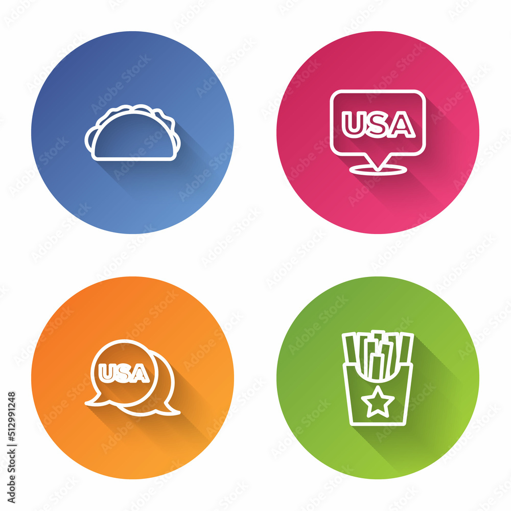 Set line Taco with tortilla, USA Independence day, and Potatoes french fries in box. Color circle button. Vector Set line Taco with tortilla, USA Independence day, and Potatoes french fries in box. Color circle button. Vector
