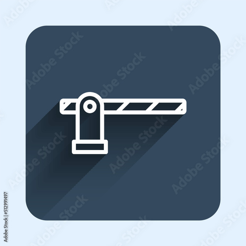 White line Parking car barrier icon isolated with long shadow background. Street road stop border. Blue square button. Vector