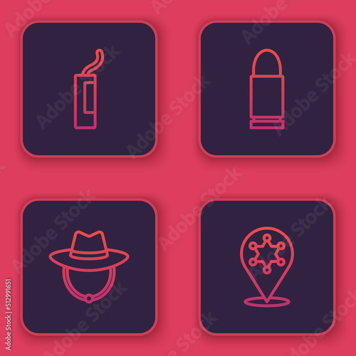 Set line Dynamite bomb  Western cowboy hat  Bullet and Hexagram sheriff. Blue square button. Vector