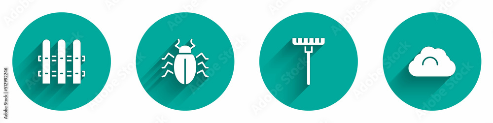 Set Garden fence wooden, Colorado beetle, rake and Cloudy weather icon with long shadow. Vector Set Garden fence wooden, Colorado beetle, rake and Cloudy weather icon with long shadow. Vector