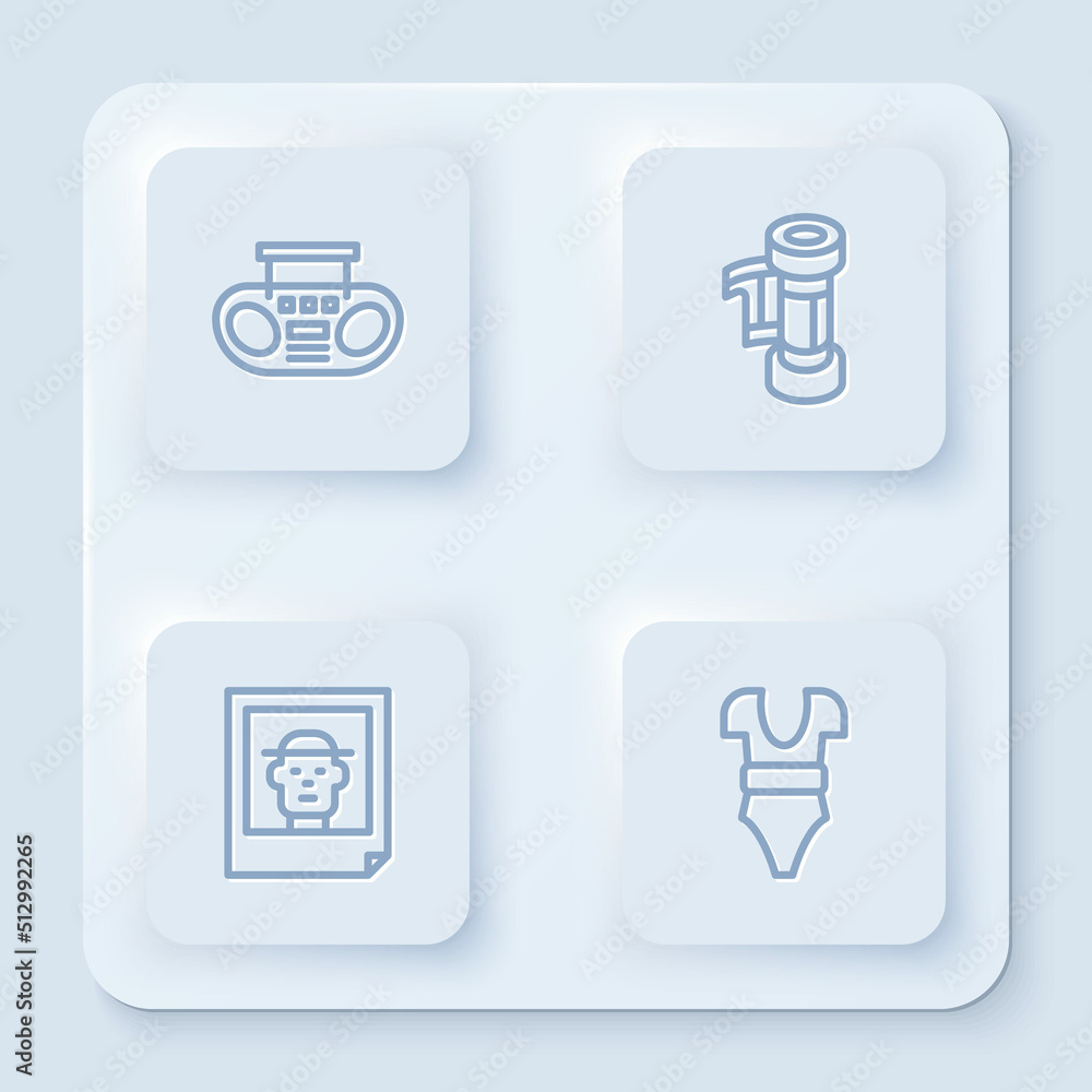 Set line Home stereo with two speakers, Camera roll cartridge, Photo and Swimsuit. White square button. Vector Set line Home stereo with two speakers, Camera roll cartridge, Photo and Swimsuit. White square button. Vector