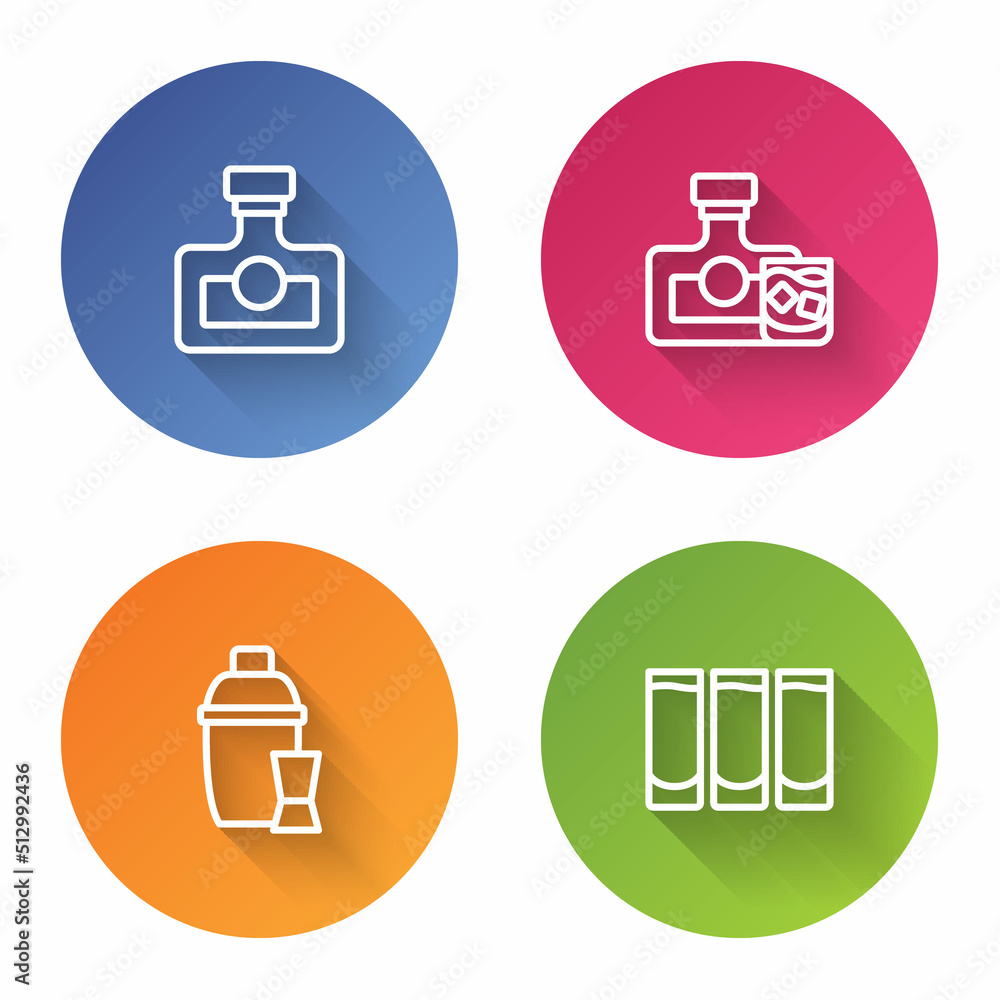 Set line Alcohol drink Rum, Whiskey bottle and glass, Cocktail shaker and Shot. Color circle button. Vector Set line Alcohol drink Rum, Whiskey bottle and glass, Cocktail shaker and Shot. Color circle button. Vector