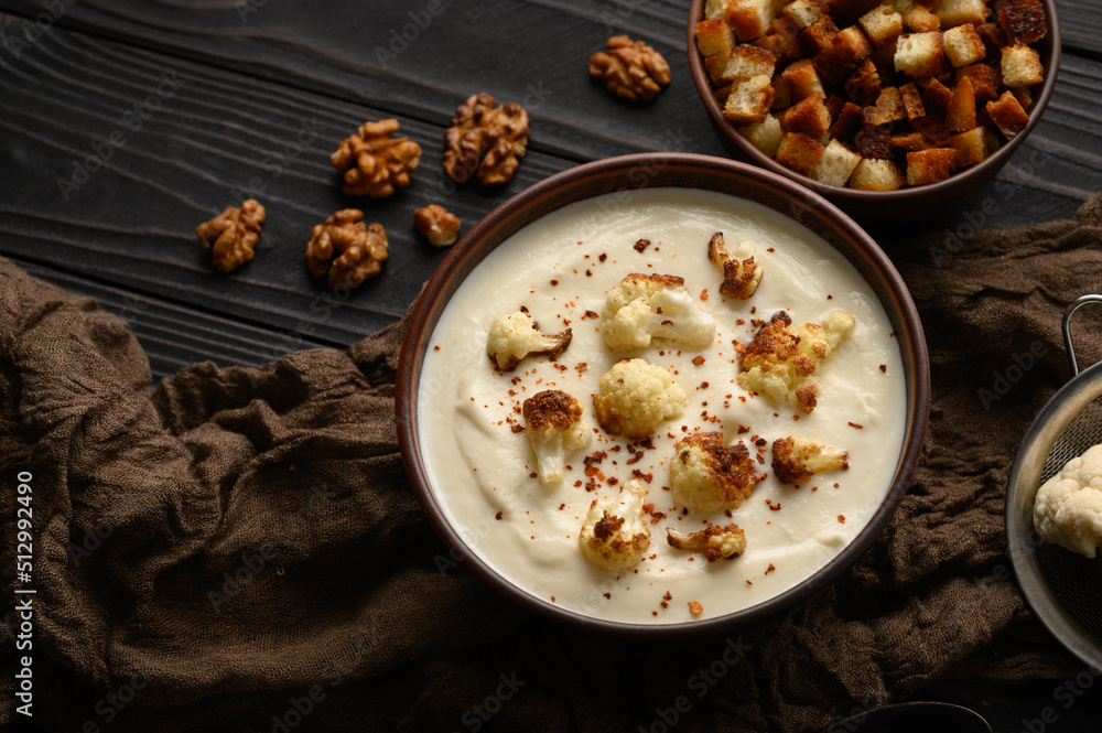 Creamy cauliflower soup with fried cauliflower and croutons. Creamy cauliflower soup with fried cauliflower and croutons.
