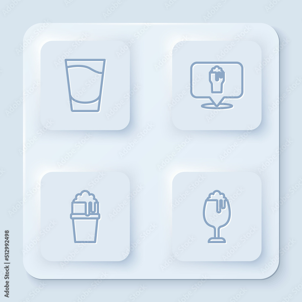 Set line Shot glass, Alcohol or beer bar location, Glass of and . White square button. Vector Set line Shot glass, Alcohol or beer bar location, Glass of and . White square button. Vector