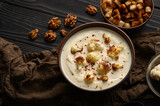 Creamy cauliflower soup with fried cauliflower and croutons.