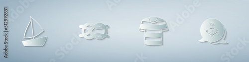 Set Yacht sailboat, Nautical rope knots, Striped sailor t-shirt and Anchor. Paper art style. Vector