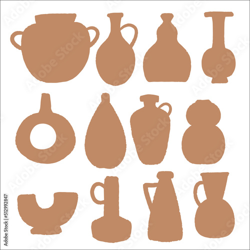 Vintage Set of Brown summer boho pot plant icons element collections. Collection of abstract shape elements ancient antique vase or jar for art print poster, banner, background or flyer.