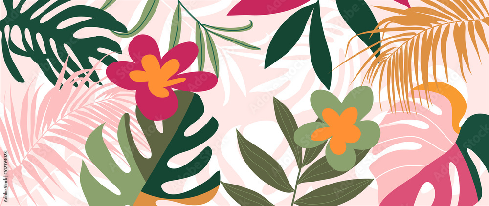 Abstract foliage and botanical background. Tropical forest wallpaper of monstera leaves, palm, branches, flowers in hand drawn pattern. Exotic plants background for banner, prints, decor, wall art. Abstract foliage and botanical background. Tropical forest wallpaper of monstera leaves, palm, branches, flowers in hand drawn pattern. Exotic plants background for banner, prints, decor, wall art.