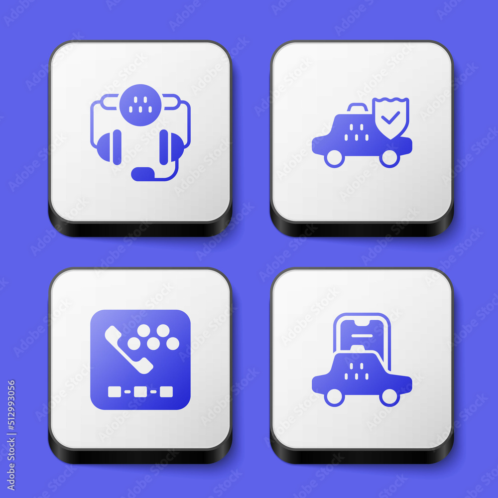 Set Taxi call telephone service, car insurance, and mobile app icon. White square button. Vector Set Taxi call telephone service, car insurance, and mobile app icon. White square button. Vector