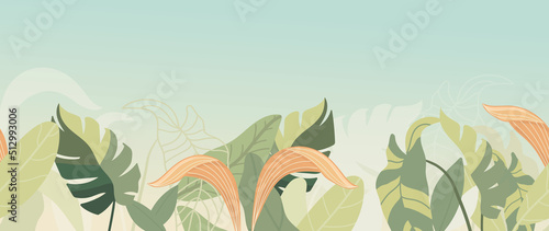 Abstract foliage and botanical background. Green tropical forest wallpaper of monstera leaves, palm, branches in hand drawn pattern. Exotic plants background for banner, prints, decor, wall art.