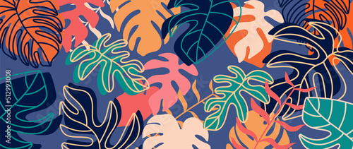 Abstract foliage and botanical background. Colorful tropical forest wallpaper of monstera leaves, palm, branches in hand drawn pattern. Exotic plants background for banner, prints, decor, wall art.