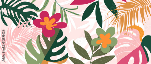 Abstract foliage and botanical background. Tropical forest wallpaper of monstera leaves, palm, branches, flowers in hand drawn pattern. Exotic plants background for banner, prints, decor, wall art.