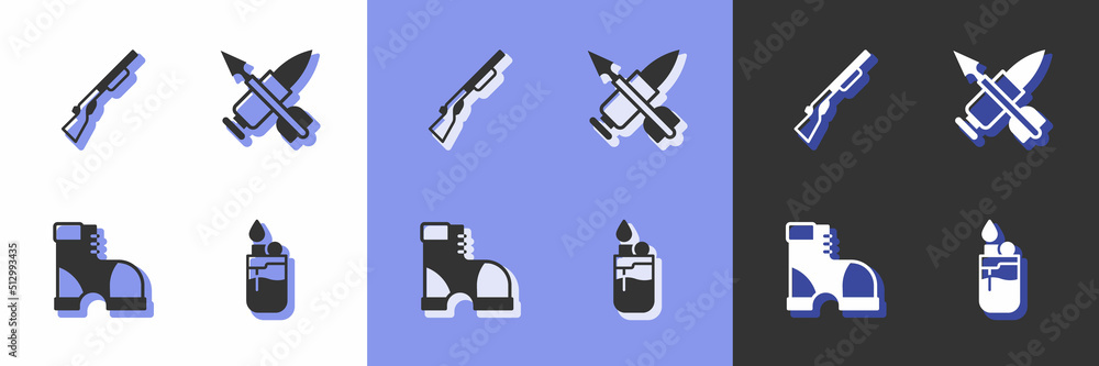 Set Lighter, Hunting gun, Hunter boots and Crossed bullet with arrow icon. Vector Set Lighter, Hunting gun, Hunter boots and Crossed bullet with arrow icon. Vector