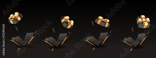 Set of Opened black gift boxes with golden ribbons, isolated on black background.