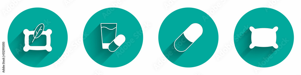 Set Pillow, Sleeping pill, and icon with long shadow. Vector