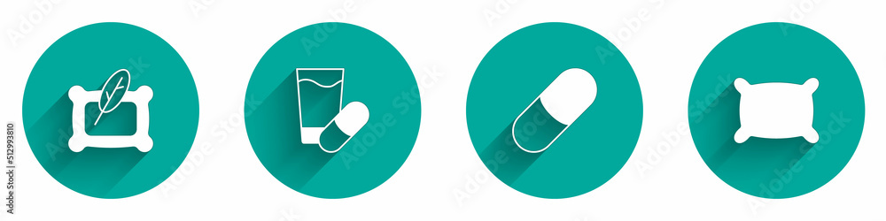 Set Pillow, Sleeping pill, and icon with long shadow. Vector Set Pillow, Sleeping pill, and icon with long shadow. Vector