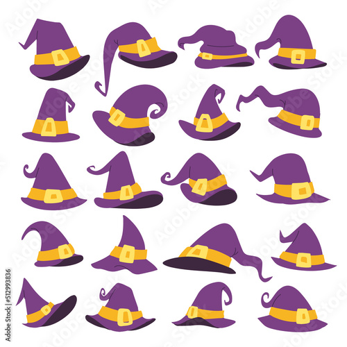 Hand drawn set of Halloween Witch Hat Objects Character Elements, Vector illustration collections bundle set with wizard hat