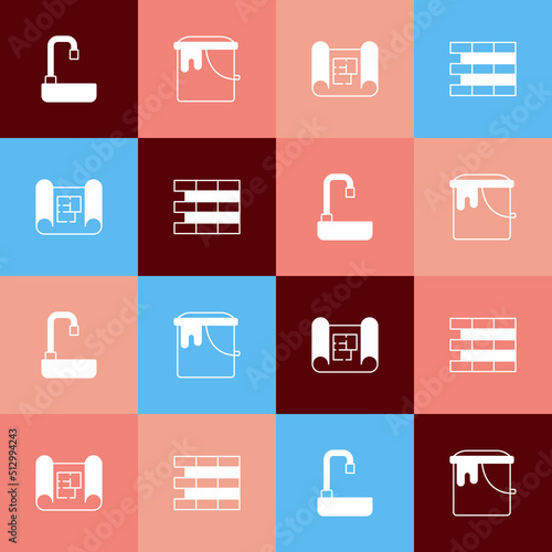 Set pop art Washbasin, Paint bucket, House plan and Bricks icon. Vector