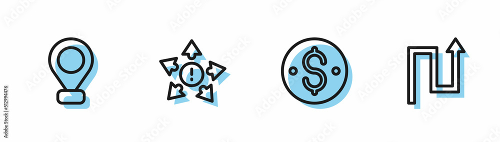 Set line Dollar symbol, Location, Many ways directional arrow and Arrow icon. Vector Set line Dollar symbol, Location, Many ways directional arrow and Arrow icon. Vector