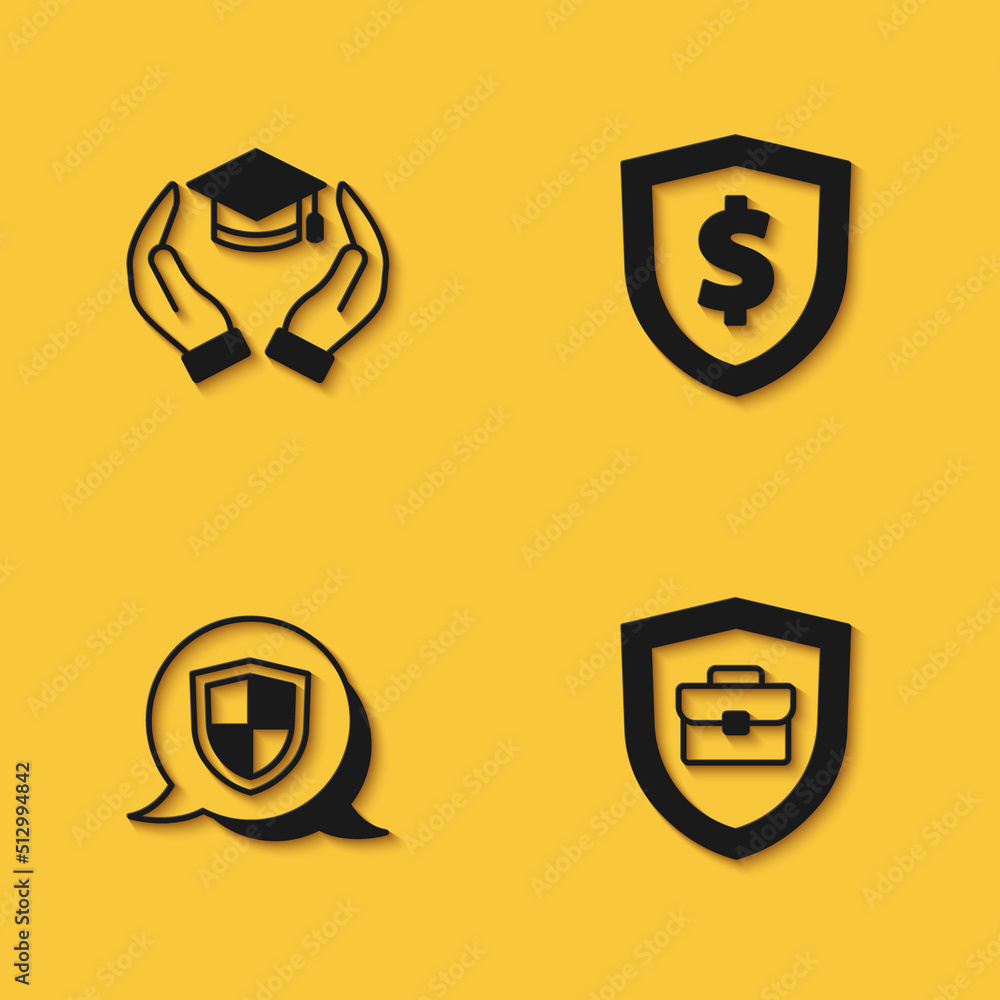 Set Education grant, Briefcase with shield, Shield and dollar icon with long shadow. Vector Set Education grant, Briefcase with shield, Shield and dollar icon with long shadow. Vector