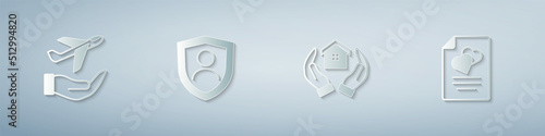Set Plane in hand, Life insurance with shield, House and Marriage contract. Paper art style. Vector