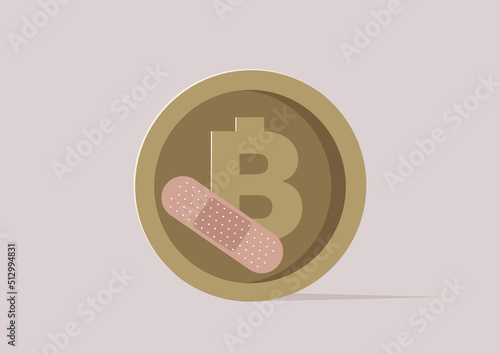 A btc coin patched with an adhesive tape, a cryptocurrency market crash, cryptowinter