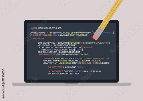 A pencil eraser erasing a programming code written on a laptop screen, back end development, fixing bugs and errors