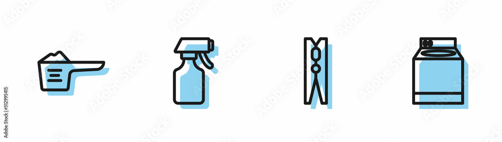 Set line Clothes pin, Washing powder, Water spray bottle and Washer icon. Vector Set line Clothes pin, Washing powder, Water spray bottle and Washer icon. Vector