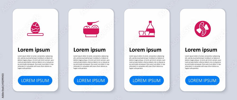 Obraz premium Set Served cucumber on a plate, Bottle of sake, Ramen soup bowl and Chinese tea egg. Business infographic template. Vector