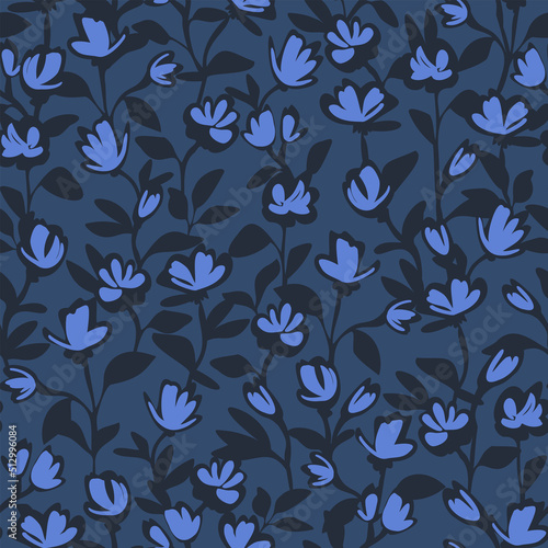 Botanical vector background with painted flowers. Hand drawn meadow. Floral seamless pattern. Craftdrawn retro styled small scaled fashion print for fabric, paper, home textile and goods