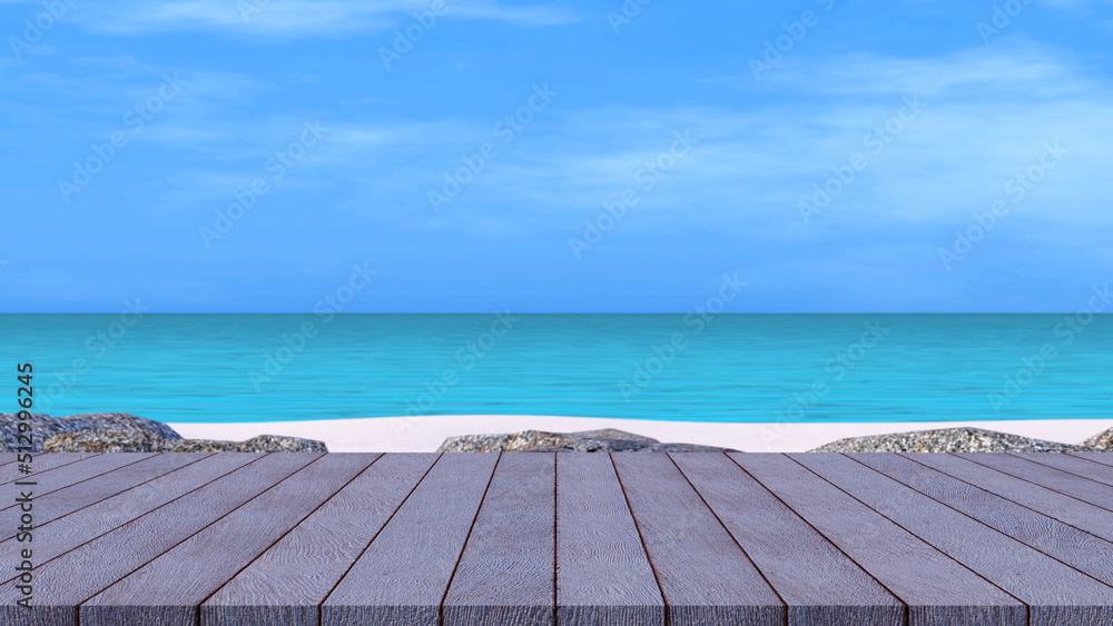 Sea view of bright blue sky and white cloud with turquoise color ocean from wooden deck, focus on deck only with little blur seascape background for easy to pose your product on it. 3d illustration.