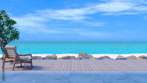 Sea view of bright blue sky and white cloud with turquoise color ocean from wooden terrace with pool side chair on it  design to present sense of relaxing time in holiday or vacation. 3d illustration.