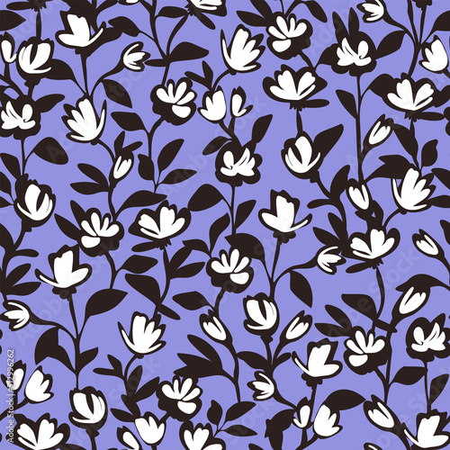Botanical vector background with painted flowers. Hand drawn meadow. Floral seamless pattern. Craftdrawn retro styled small scaled fashion print for fabric, paper, home textile and goods