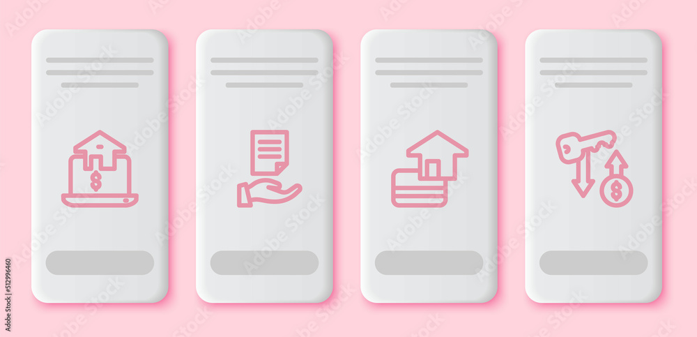 Set line Online real estate, House contract, Credit card and Rent key. White rectangle button. Vector Set line Online real estate, House contract, Credit card and Rent key. White rectangle button. Vector