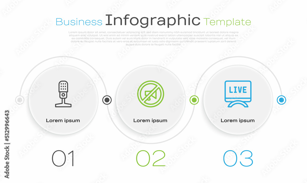 Set line Microphone, Censored stamp and Live report. Business infographic template. Vector Set line Microphone, Censored stamp and Live report. Business infographic template. Vector