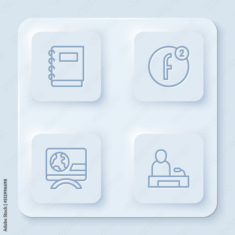 Set line Notebook, Create account, Breaking news and Television report. White square button. Vector Set line Notebook, Create account, Breaking news and Television report. White square button. Vector