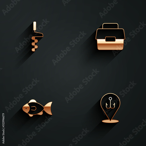 Set Hand ice drill, Case or box for fishing, Fish and Fishing hook icon with long shadow. Vector