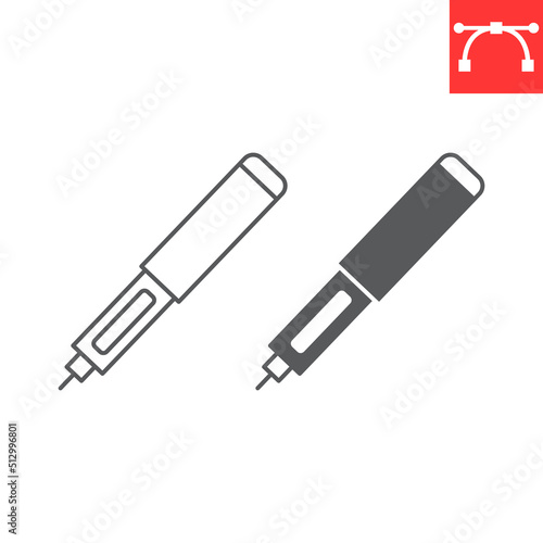 Insulin pen line and glyph icon, diabetic syringe and healthcare, insulin injection pen vector icon, vector graphics, editable stroke outline sign, eps 10.