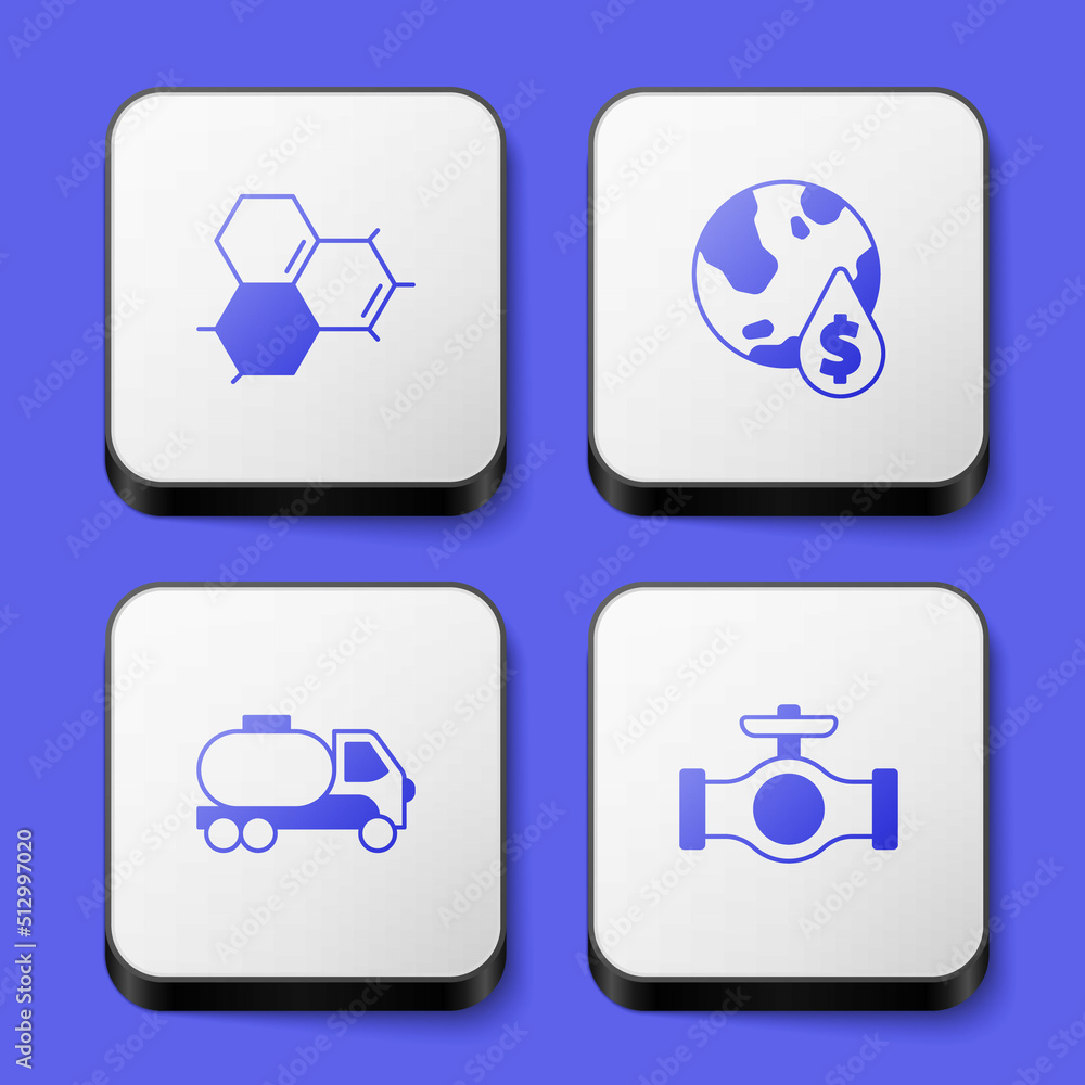 Set Molecule oil, Oil drop with dollar symbol, Tanker truck and pipe valve icon. White square button. Vector