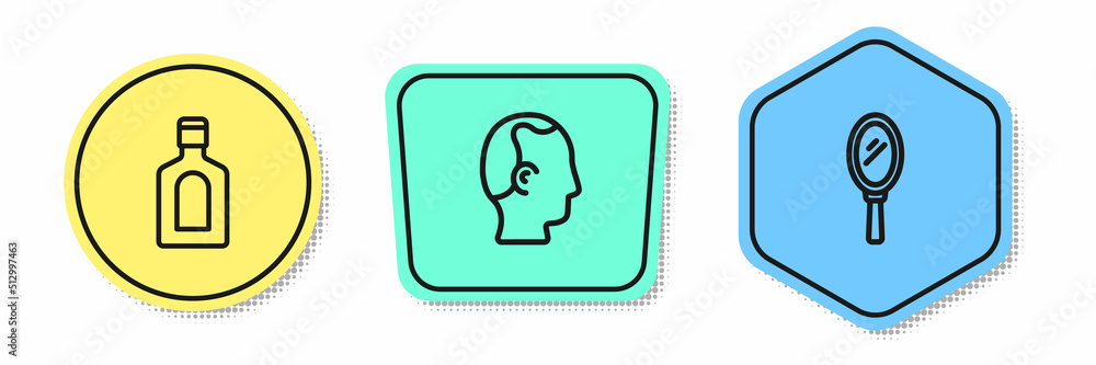 Set line Bottle of shampoo, Baldness and Hand mirror. Colored shapes. Vector Set line Bottle of shampoo, Baldness and Hand mirror. Colored shapes. Vector