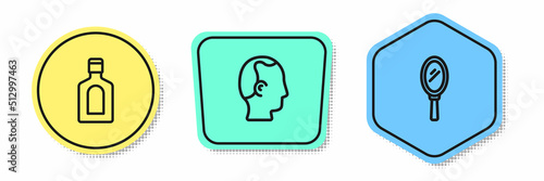 Set line Bottle of shampoo, Baldness and Hand mirror. Colored shapes. Vector