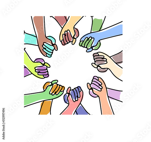 Diversity and inclusion logo. Multinational hands hold each other and form a circle. Inclusive illustration for web, print, t-shirt, textile, background, postcard. One line abstract illustration