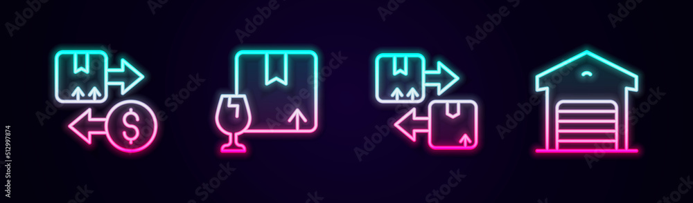 Set line Tax cardboard box, Package with fragile content, Cardboard traffic symbol and Warehouse. Glowing neon icon. Vector Set line Tax cardboard box, Package with fragile content, Cardboard traffic symbol and Warehouse. Glowing neon icon. Vector