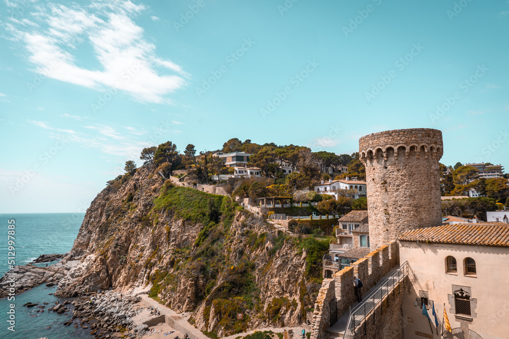 Aerial view of fortress in Tossa de Mar, Costa Brava, Spain. Historical coastal old town on a hill near Mediterranean Sea